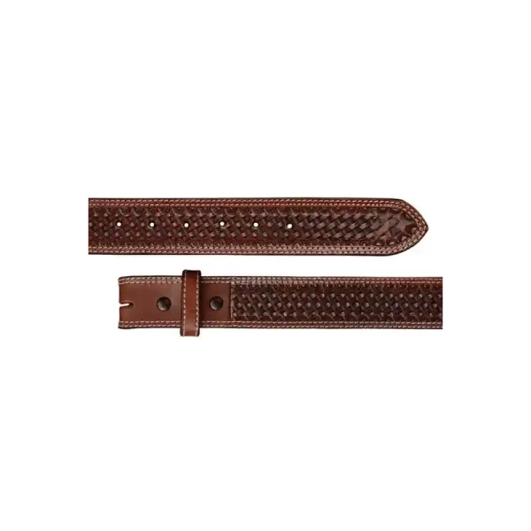 A brown full grain leather belt for men  featuring tooled basket weave pattern 
